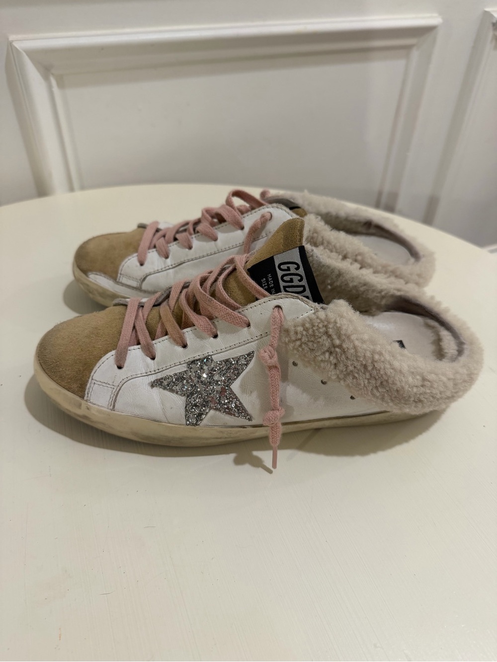 AUTHENTIC Golden Goose White Sneakers with Pink Laces and Silver Glitter Star